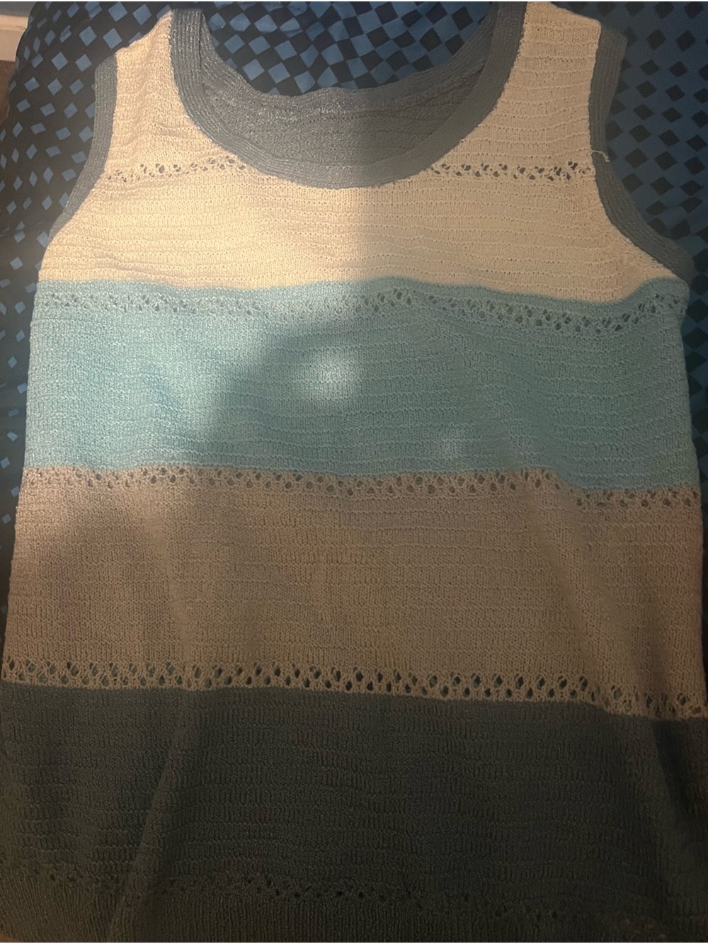 Striped Sleeveless Knit Tank Top in Cream, Blue & Gray with white capris pants
